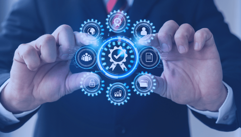 Businessman presenting a virtual business icon, symbolizing outsourcing in emerging technology.