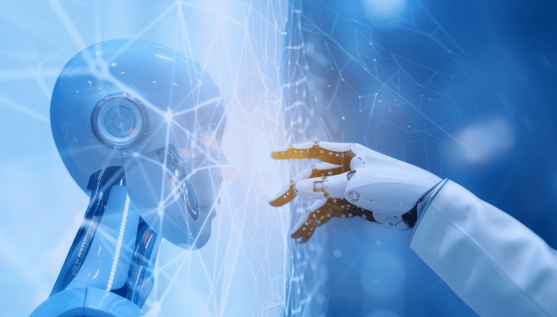 A humanoid robot touching a digital interface, symbolizing Generative AI driving automation, innovation, and strategic decision-making in modern business.